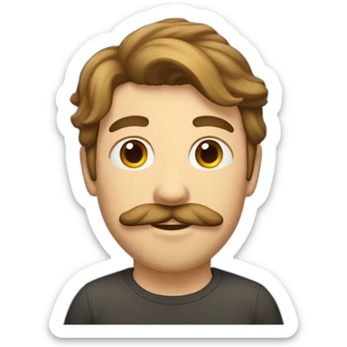 caucasian male, brown scraggy hair, mostache sticker