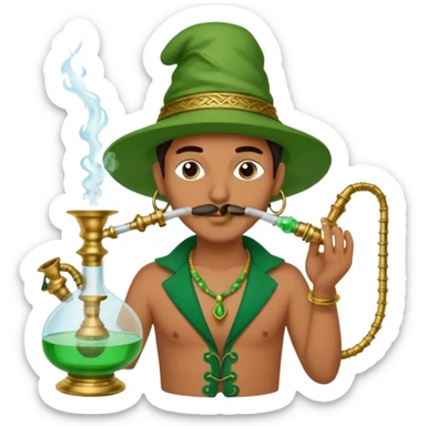 Brass hookah with green design on a glass water base on the top; with two smoke pipes where people are holding them and smoking m from the side all pouting on top sticker