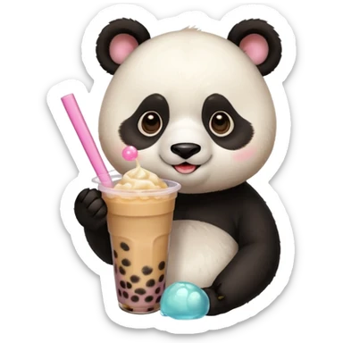 A panda drinking bubble tea, excited about the toppings, portrait, bust up sticker