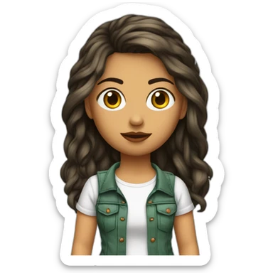 Chica pelo rojo lago ondulado, ojos verdescuerpo completo con pantalones vaqueros  rotos y camiseta negra con una cadaa sticker