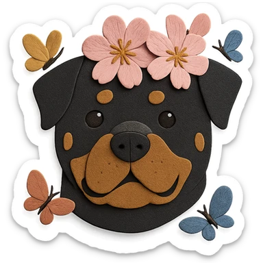 Add butterflies fluttering around the rottweiler with a cherry blossom flower crown, keep the original style and colors sticker