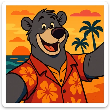 Baloo the bear taking a selfie with a beach sunset, smiling, casual vacation outfit, warm and inviting colors sticker