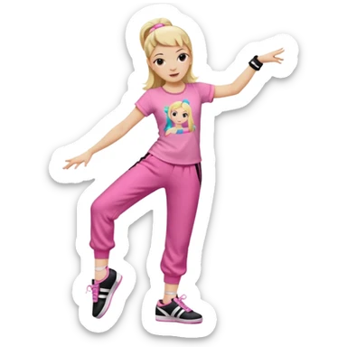 Hiphop dancer, with cute big pants, sneakers, and t-shirt. White girl blond. Coloufull shirt. No pocket pants. Dancing. Pink and black plain outfit. No sweatbands on the wrist, black music box behind her. Ballerina pose sticker