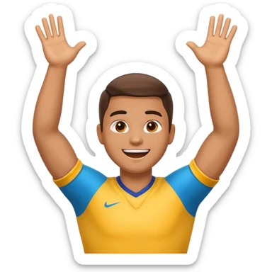 happy football player emoji celebrating goal, arms up, energetic expression, cartoon style, vibrant colors, transparent background, 1:1 sticker