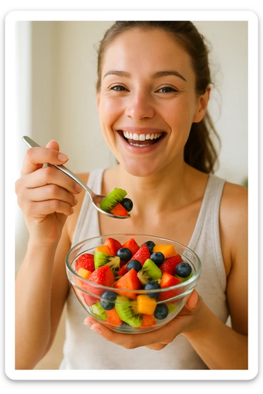 A cheerful person holding a glass bowl of colorful fruit salad with vibrant pieces of strawberries, kiwis, and blueberries visible. The person is wearing a casual, light-colored tank top and has a friendly, bright smile as they prepare to take a bite with a spoon. The overall composition focuses on health and enjoyment. sticker