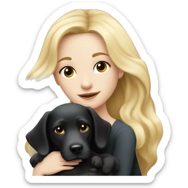 pretty woman with pale skin, very long blonde hair hugging a black dog sticker