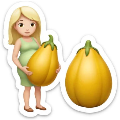 yellow eggplant attached to a pregnant person, with a bowing person turned to the side sticker