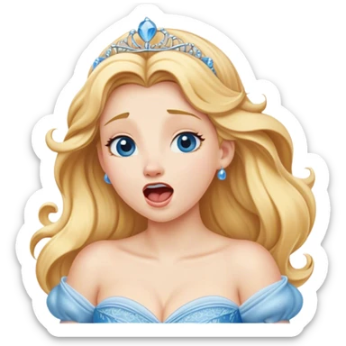 Cinematic Realistic Yawning Cinderella Portrait, showcasing lifelike porcelain skin and intricately detailed golden-blonde hair styled flawlessly as she mid-yawn reveals a moment of tender vulnerability. Her half-closed blue eyes and relaxed expression are rendered with natural, soft lighting that emphasizes the subtle textures of her face and the detailed, flowing fabric of her iconic gown. The scene glows with a cozy, authentic warmth that captures a rare, intimate moment of repose. sticker