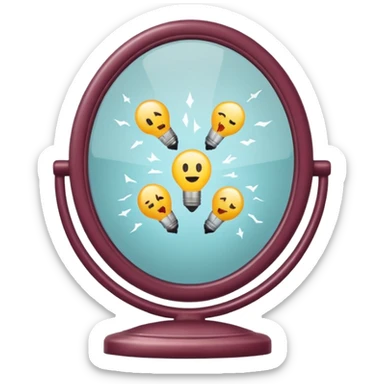 Minimalist emoji-style sticker of a vanity mirror with dim bulbs and cracked glass, words “Am I real yet?” smeared in dusty lipstick tone


 sticker