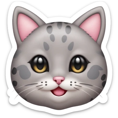 Cute emoji of a small gray cat with black spots, big shiny kawaii eyes, tiny pink nose, and a sweet smiling expression. Minimalist design, clean vector style, high resolution, soft pastel colors, with a transparent background. sticker