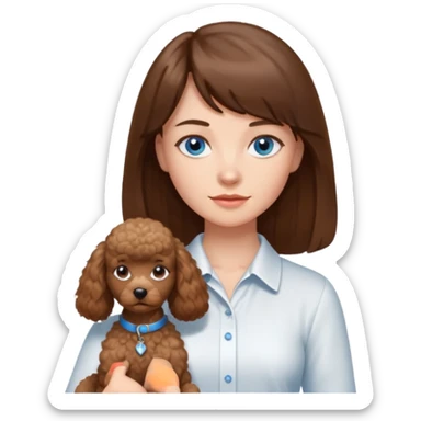 Kobieta z długimi brązowymi włosami, grzywką i niebieskimi oczami. Ubrana jest w białą koszulę. Trzyma na rękach małego brązowego pudelka. sticker