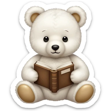 White teddy bear with a book sticker