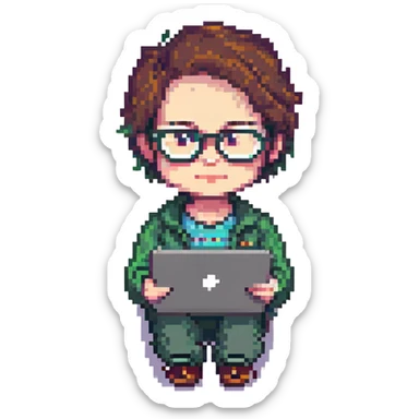 IT nerd with glasses using a laptop, pixel art style, playful sticker