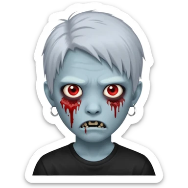 Create a 3D emoji-style avatar with very pale blue-grey zombie skin like the reference image, a young Asian face, and large eyes with blood tears. Give it white mullet-style hair, silver hoop earrings, and a simple black T-shirt. The expression should be slightly angry and has vampire teeth sticker