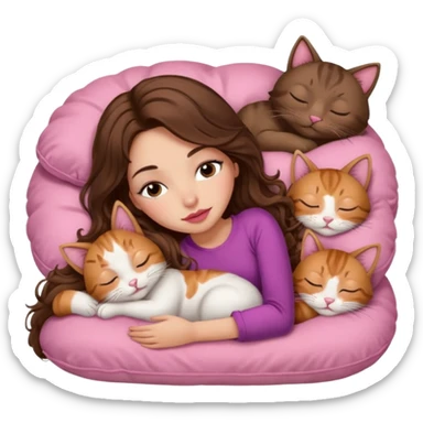 girl with long wavy brown hair, brown eyes, long lashes makeup, sexy pink lips, light to medium complexion,  sleeping on a cozy pillow, with 6 cats, sleeping sticker