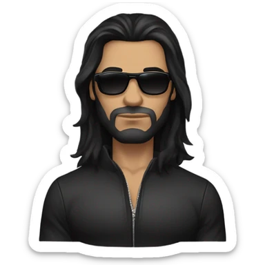 Man. long black hair, masculine strong serious face, fine lips, black sunglasses, lather jacket, underneath black t-shirt, muscles. Very mysterious  sticker