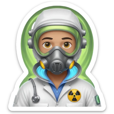 nuclear scientist portrait, head and shoulders only, wearing hazmat mask, lab suit collar, glowing radiation aura, intense eyes, 3D cartoon, mobile game icon style, clean background, no text, no watermark
 sticker