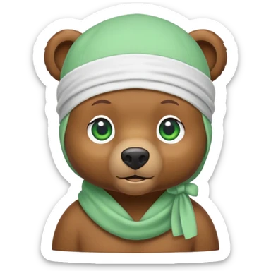 Cute brown bear head with green eyes wearing a white durag, hip style, iOS emoji style sticker