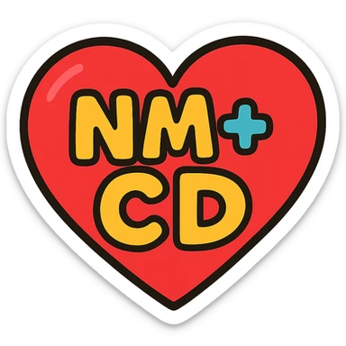 red heart with 'NM+CD' inside, playful cartoon font sticker
