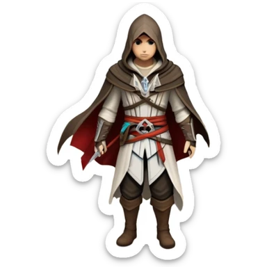 An icon representing an adventure game, inspired by Assassin's Creed. The design features a heroic character in hooded attire, scaling a tall building in a historical cityscape. The background shows ancient architecture and hidden symbols, symbolizing exploration and stealth. Transparent background  sticker