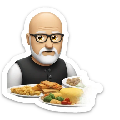 White bearded bald man angry at buffet sticker