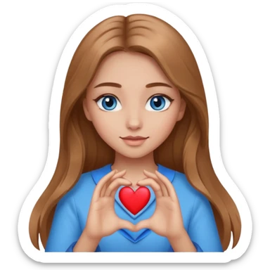 A girl with makeup, long light brown hair, blue eyes, gentle light doing a heart with her hands sticker
