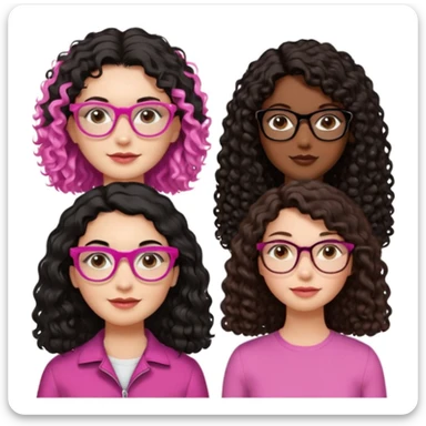 Una mujer con el cabello liso,negro,blanca y cara perfiladita otra con el pelo odulado medio crespito y blanca pelo marrón y otra con el pelo odulado medio liso morenita y con gafas rosada y por último otra Morena oscurita con el pelo rizado-crespo y gafas doradas  sticker