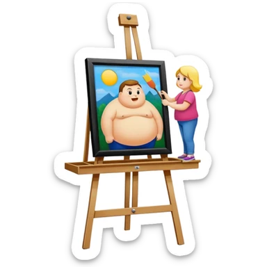 Canvas inside a picture frame on an easel with a fat person painted onto it sticker