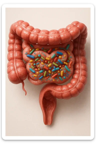 intestino umano anatomico in salute con batteri intestinali, sfondo chiaro neutro, IPERREALISTICA 4K sticker