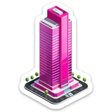 Isometric hot pink skyscraper, exterior view isolated sticker