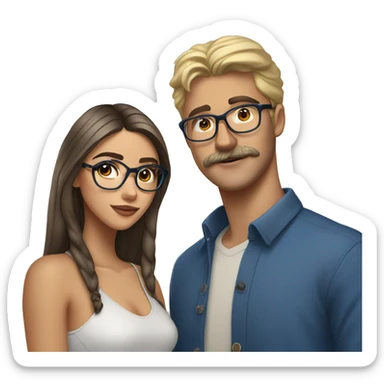 brunette, brown eyed, madison beer standing next to blonde man with , mustache, blue eyes, and brown glasses sticker