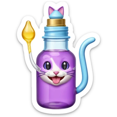 Smiling bottle of oil light purple top and light blue sticking tongue out and with cat ears sticker