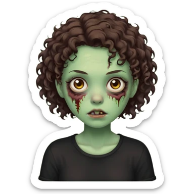 Zombie girl emoji verde um pouco escuro com cabelo curto cacheado castanho no ombro com uma blusa preta sticker