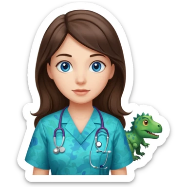 pretty brunette nurse with long hair and blue eyes in dinosaur pattern scrubs sticker