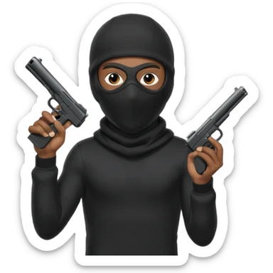 A young African male wearing a ski mask in full black clothing, holding a micro Draco gun in the air carelessly sticker