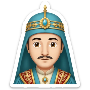 Seljuk emperor, traditional Turkish royal robes, elaborate headgear, medieval setting, dignified expression sticker