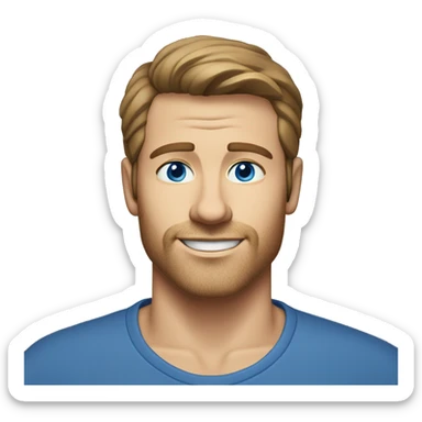 A head and shoulders shot of a 34 year old white man, with short brown hair, with stubble facial hair,   with blue eyes wearing a t-shirt. sticker