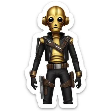 battle rough and tough bounty hunter c3Po wearing Satan’s leather biker outfit with guns hat on head. walking sticker