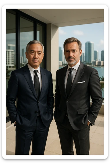 Foto hiper realista que refleje a nuestro cliente ideal de real estate: Empresarios y propietarios internacionales que necesitan vender, reinvertir o diversificar su portafolio en propiedades residenciales o comerciales en Miami, con absoluta confidencialidad y criterio. sticker