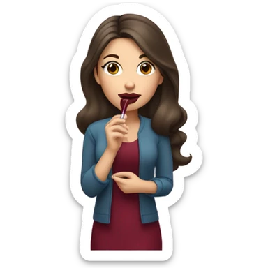 White brunette girl dressed in burgundy putting lipgloss on her lips sticker