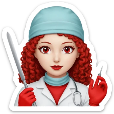 Scary woman scalpel in hand, evil surgeon sexy surgeon clothes.  She has red eyes. Her  brown long curly hair. Wears sexy doctor outfit with red gloves. make her wear red ski mask  to hide. Wears white surge9n jcketneb sticker