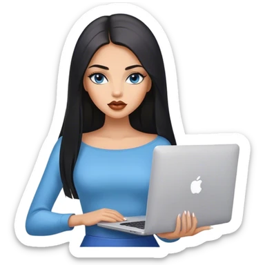 Glamours, tanned, very beautiful girl, with big pump beige lips, black straight smooth silky long hair, straight parting, blue-grey eyes, holding MacBook sticker