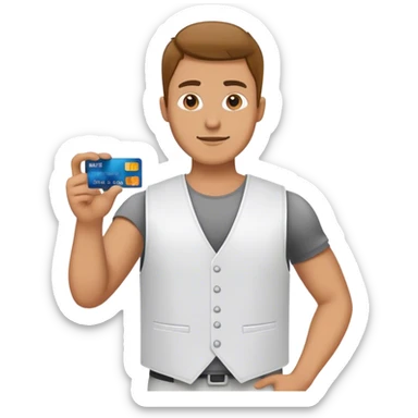 The guy in the white vest is holding a credit card.  sticker