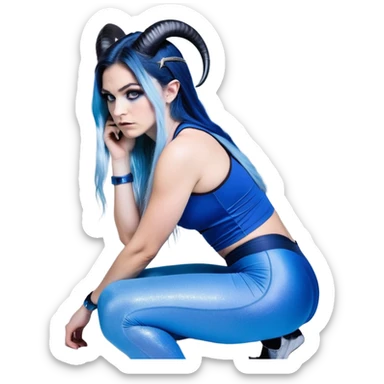 Disapponted-big tears-head back texting on phone-very very large upper body-sexy face-bending forward at waist-very long very straight dark blue to light blue ombre hair-and-blue eyes-thick black eyeliner-goat horns-iridescent blue lowcut tanktop with black leggings with glitter superman logo sticker