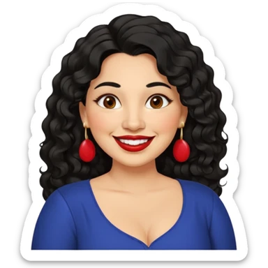 40 yr old Mexican woman, slightly chubby, wavy/curly long black hair, red lipstick, big smile, white teeth, brown eyes, hoop earings, side part to hair, round face, nice blouse, no wrinkle hair side swept, big hoop earing sticker