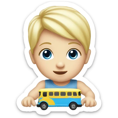 Baby playing with a toy bus blue eyes and blonde hair  sticker
