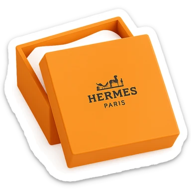 Add the Hermès logo to the center of the 3D orange box, which is slightly open with tissue paper inside. Keep the same square shape and proportions, minimal style, on a white or transparent background. sticker