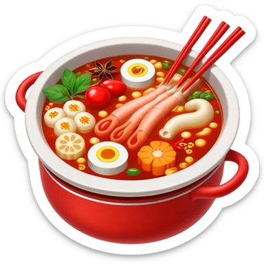 Chinese hot pot, bubbling red spicy broth with variety of ingredients, emoji style sticker