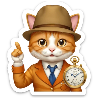 Cheesier cat pointing at a pocket watch wearing a hat sticker