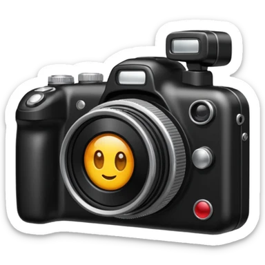 The camera features a solid black body with a shiny lens. sticker